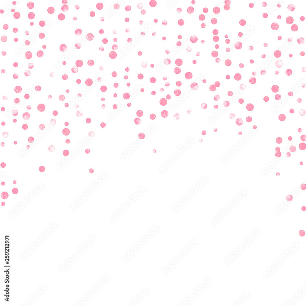 Wedding glitter confetti with dots on isolated backdrop. Falling sequins with glossy sparkles. Design with pink wedding glitter for party invitation, event banner, flyer, birthday card.