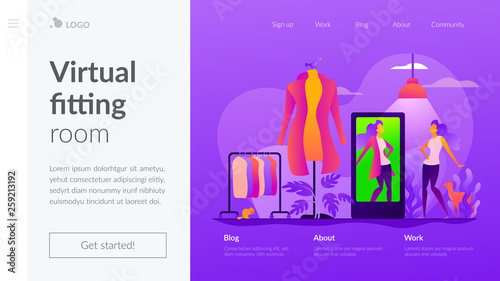 Virtual fitting room, online dressing, e-commerce clothing room concept. Website interface UI template. Landing web page with infographic concept creative hero header image.