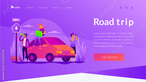 Road trip, road traveling journey, traveling by car concept. Website interface UI template. Landing web page with infographic concept creative hero header image.