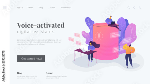 Smart office controller and voice commands, voice controlled office digital devices and Internet of things concept.Website interface UI template. Landing web page with infographic concept creative