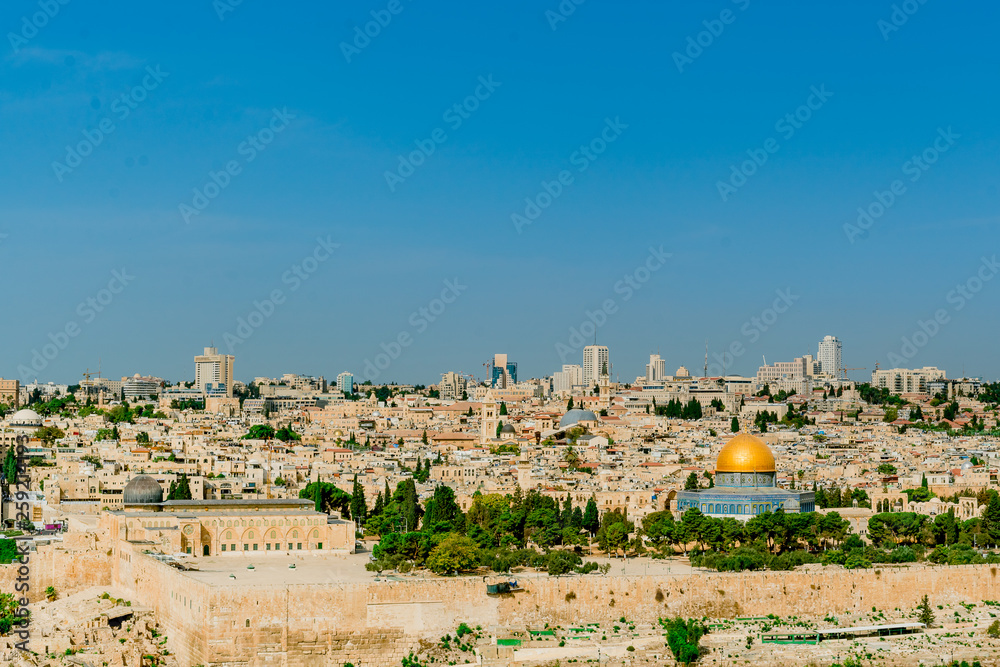 Jerusalem skyline on beautiful day with blue sky