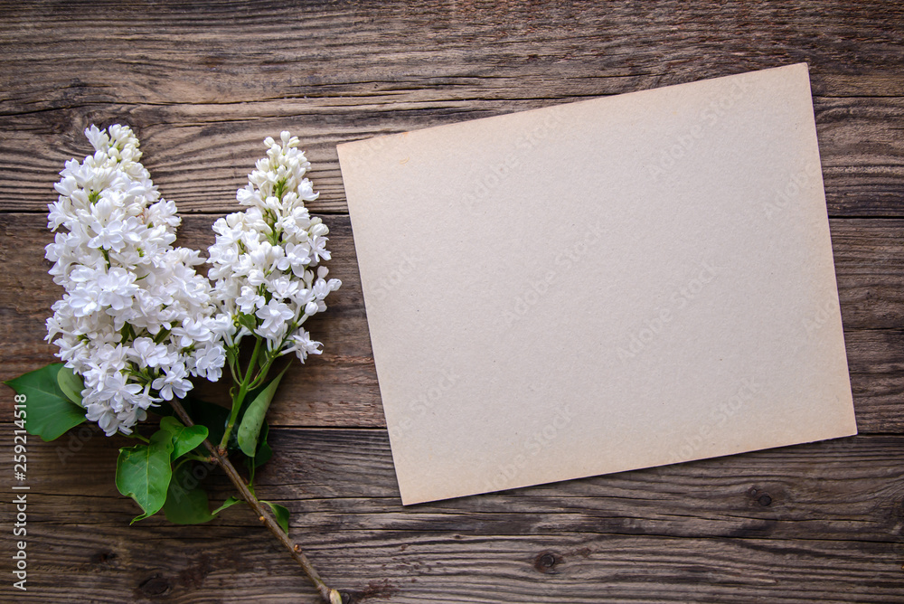 White lilac branch and a piece of paper on a wooden background