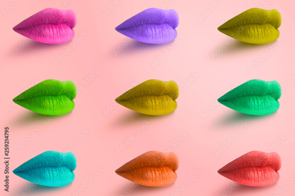 Lips. Fashion Concept Lipstick. Multicolored lips. Modern minimal art. - obrazy, fototapety, plakaty 