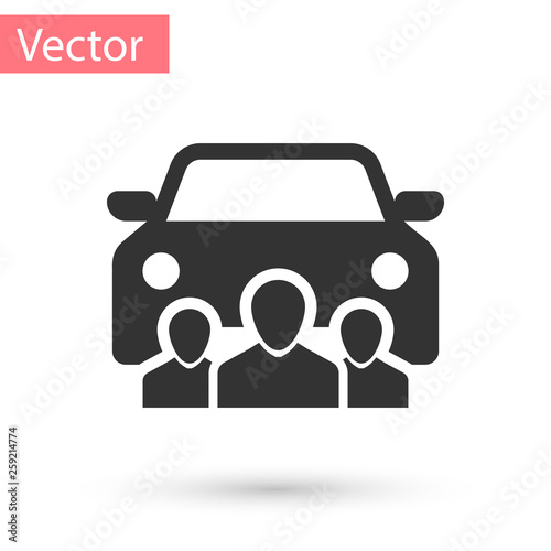 Grey Car sharing with group of people icon isolated on white background. Carsharing sign. Transport renting service concept. Vector Illustration