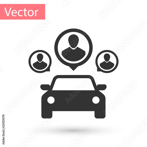 Grey Car sharing with group of people icon isolated on white background. Carsharing sign. Transport renting service concept. Vector Illustration