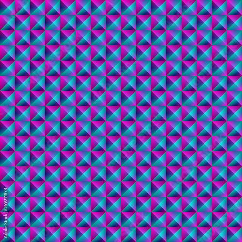 Tiled pattern of dark blue rhombuses and purple triangles in a zigzag and pyramid.