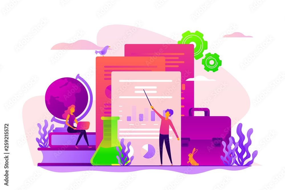 Plakat ICO investment document, startup business strategy, product development plan and white paper concept. Vector isolated concept illustration with tiny people and floral elements. Hero image for website.