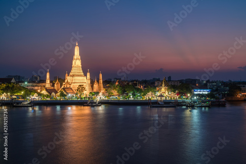 Night photo illuminated old Wat Arun Ratchawararam Ratchawaramahawihan or Wat Arun  Temple of Dawn  - Buddhist temple in Bangkok Yai district  Thailand  on the Thonburi bank of Chao Phraya River