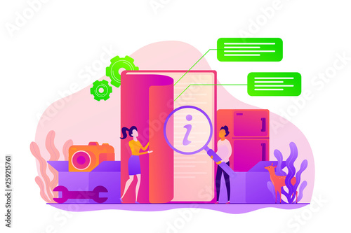 Electronic goods technical guide, manual for computer hardware, software assistant and user guide. Vector isolated concept illustration with tiny people and floral elements. Hero image for website.