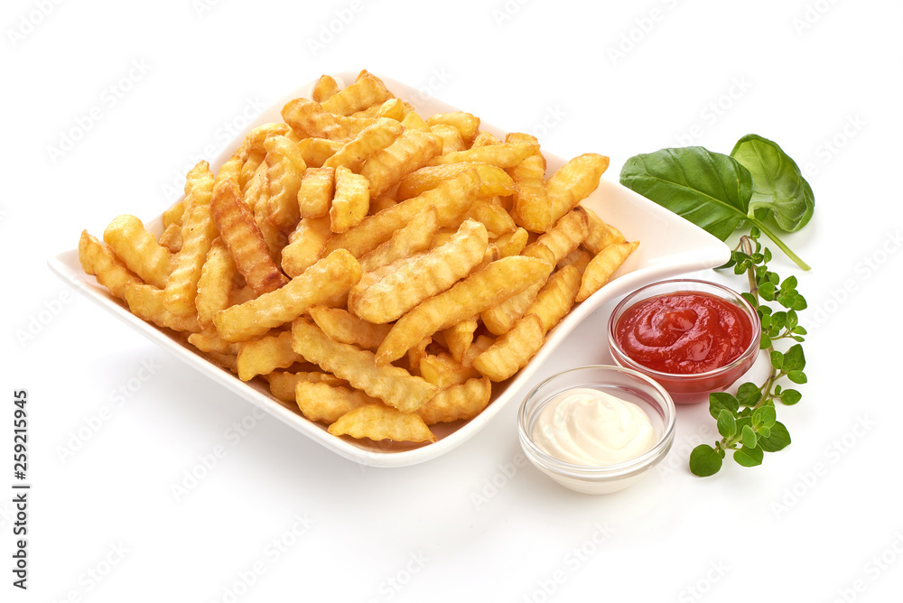 Potato fry, French fried potato fries with tomato sauce and mayonnaise, close-up, isolated on white background Potato fry, French fried potato fries with tomato sauce and mayonnaise, close-up, isolated on white background