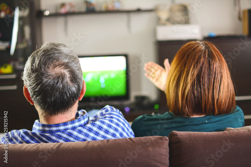 Staying at home can help stop coronavirus spreading concept. Mature couple watching television.