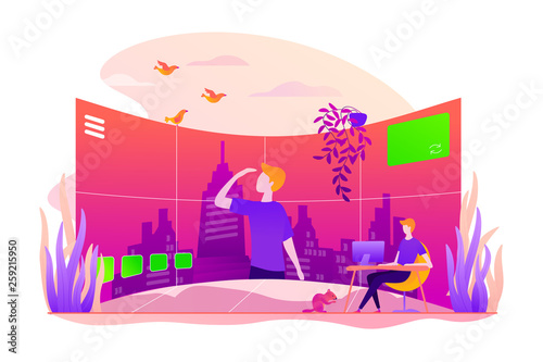 Virtual tour, 3d reality tours, virtual reality walk concept. Colorful vector isolated concept illustration with tiny people and floral organic elements. Hero image for website.