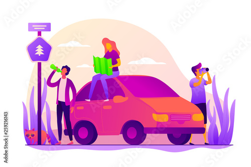 Road trip, road traveling journey, traveling by car concept. Colorful vector isolated concept illustration with tiny people and floral organic elements. Hero image for website.