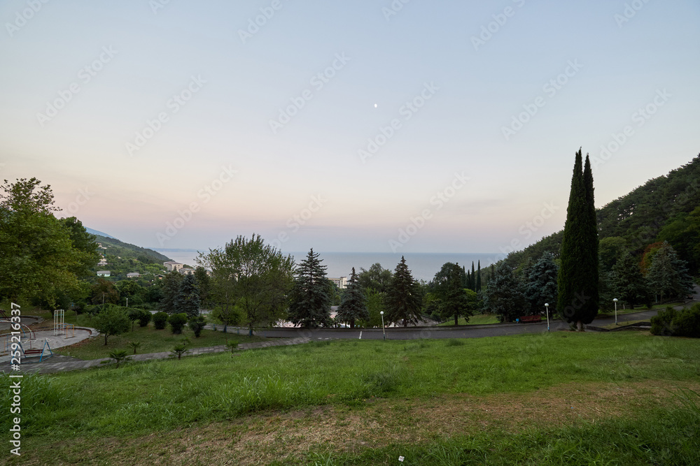 Naklejka premium View of the seacoast with residential buildings from the old park.