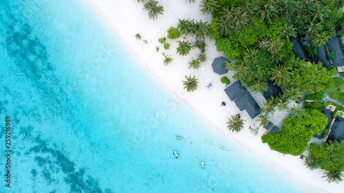 Beautiful aerial view of Maldives and tropical beach . Travel and vacation concept