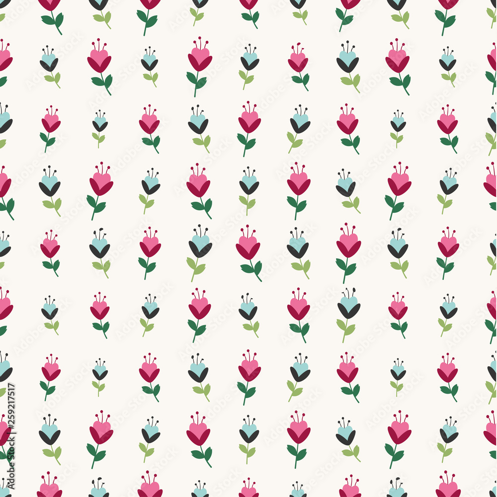 Pink & blue fantasy flowers on white background, seamless vector pattern