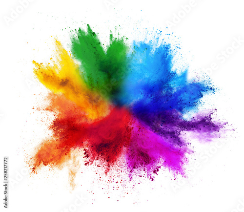 Leinwand Poster colorful rainbow holi paint color powder explosion isolated white background