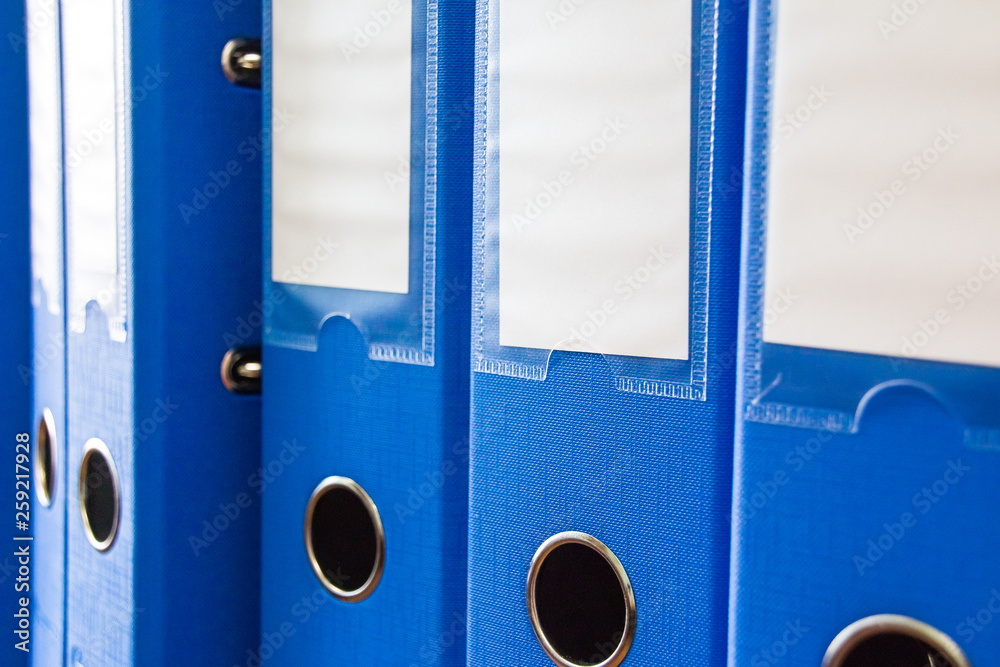 Office folders isolated . Row of blue office folders with blank labels on desk.Files and documents organized and arrayed in shelves.Document folders standing in a row. Document organization.