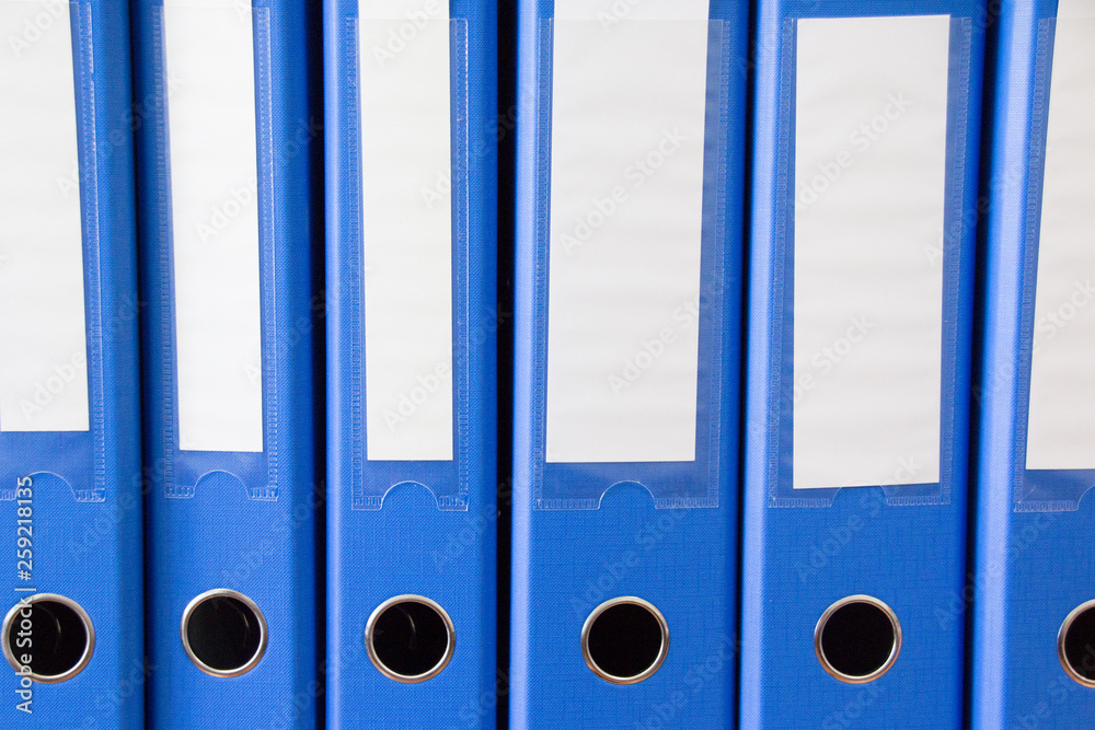 Office folders isolated . Row of blue office folders with blank labels on desk.Files and documents organized and arrayed in shelves.Document folders standing in a row. Document organization.