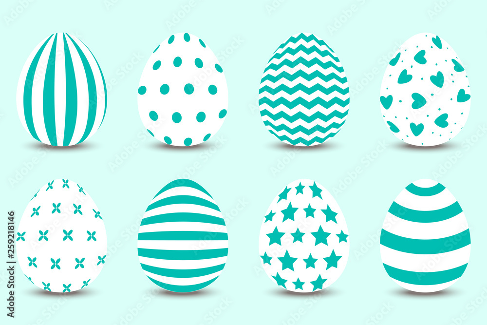 Vector cartoon set of Easter painted eggs. Turquoise palette.