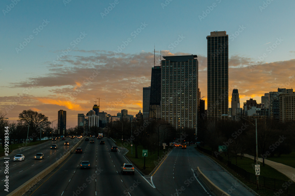 City sunset urban landscape