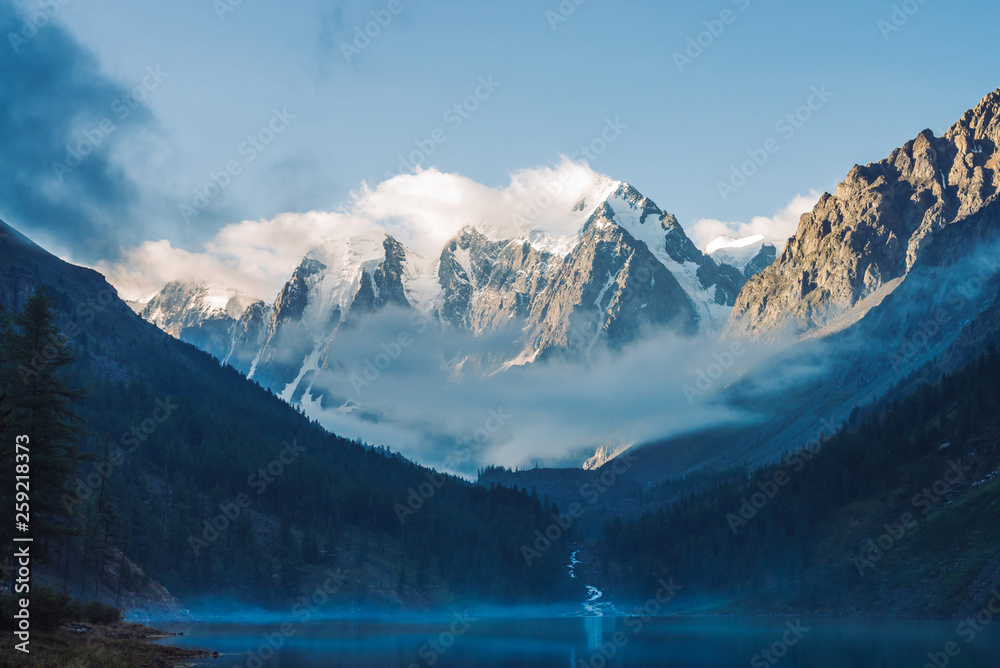 Ghostly forest near mountain lake in early morning. Mountain creek from glacier flows into lake. Mist on water surface. Low cloud among rock. Dark atmospheric misty wood landscape. Tranquil atmosphere