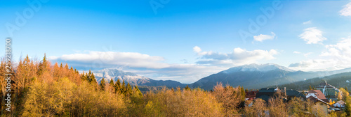 Panoramic view over Postavarului and Piatra Mare mountains seen from Predeal