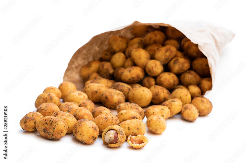 Crispy chilli peanuts snacks paper bag isolated on white Crispy chilli peanuts snacks paper bag isolated on white