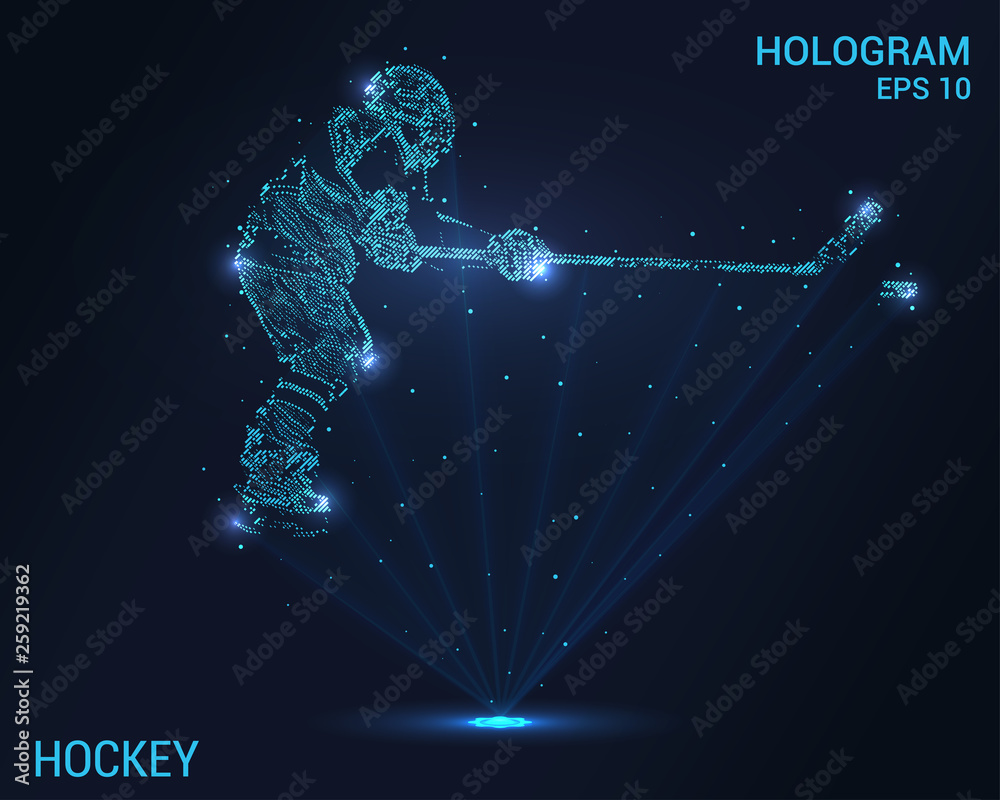 Obraz premium Hockey hologram. Digital and technological background of a hockey player. Futuristic hockey design.