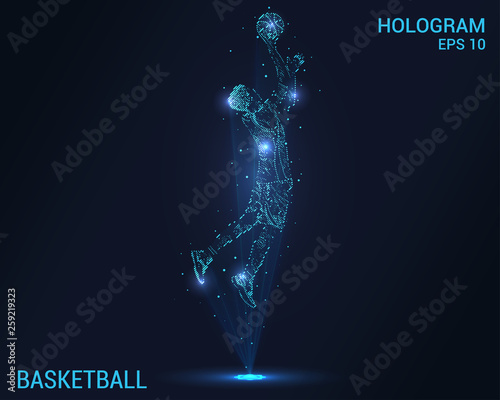 Basketball hologram. Digital and technological background basketball player throws the ball. Futuristic basketball design.