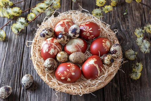 Easter eggs dyed with onion peels and quail eggs