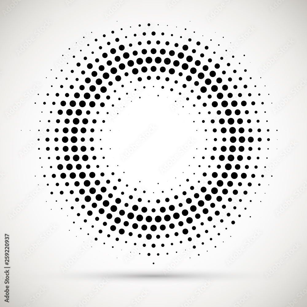 Rounded border icon. Isolated halftone circle dots vector texture.Halftone dotted background circularly distributed. Circle dots isolated on the white background.Border logo icon. 