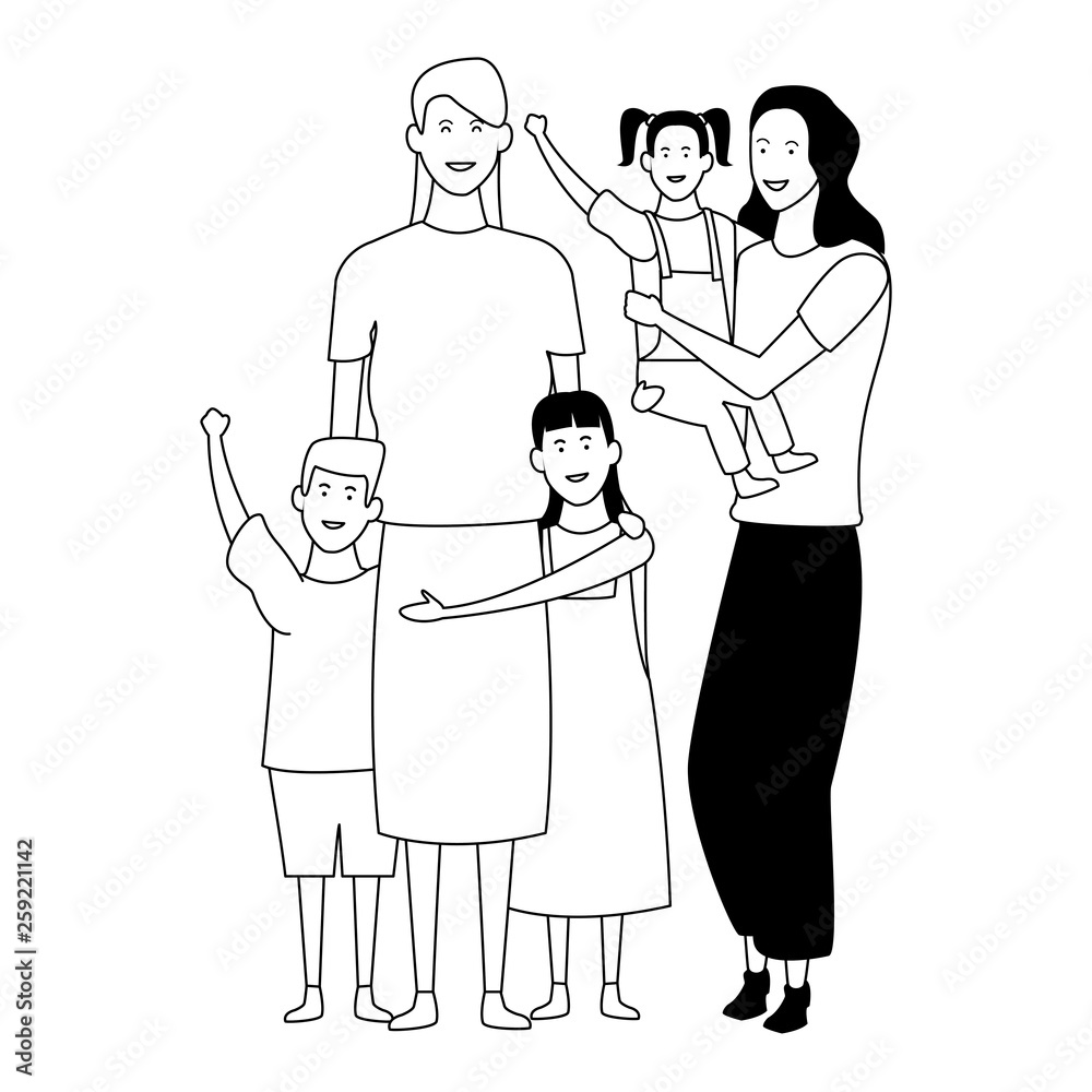 Family with kids cartoons in black and white Family with kids cartoons in black and white