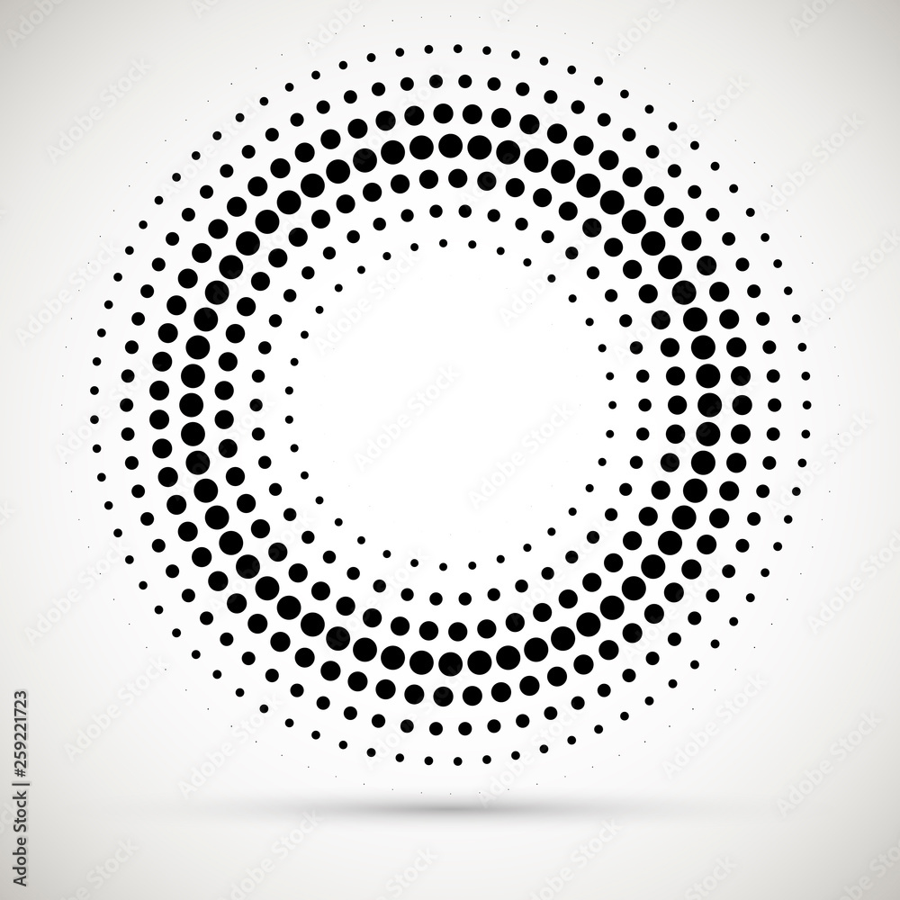 Halftone dotted background circularly distributed. Halftone effect vector pattern.Circle dots isolated on the white background.Border logo icon. Draft emblem for your design.