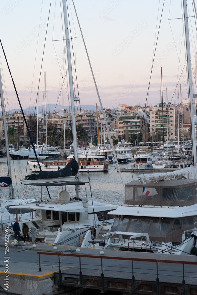 City of Pireas water front with sailboats and motor boats City of Pireas water front with sailboats and motor boats