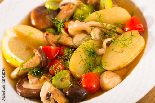 Mushroom hoosh boiled with honey fungus and vegetables photo