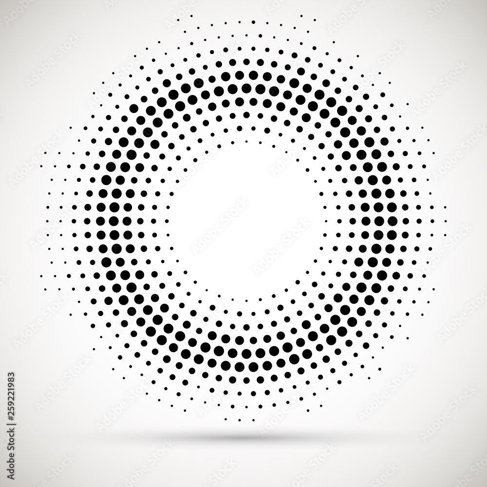 Halftone dotted background circularly distributed. Halftone effect vector pattern.Circle dots isolated on the white background.Border logo icon. Draft emblem for your design.