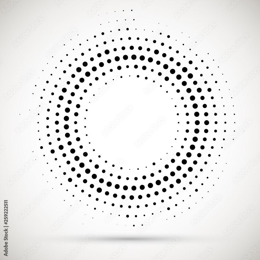 Halftone dotted background circularly distributed. Halftone effect vector pattern for your design. Circle dots isolated on the white background for advertisement.