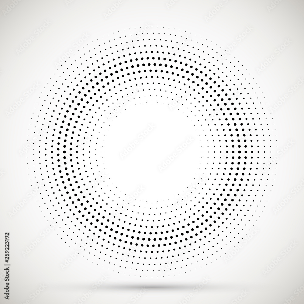 Black abstract vector circle frame halftone dots logo emblem design element. Rounded border icon. Isolated halftone circle dots vector texture.
