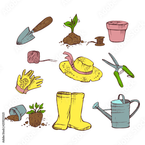 Attributes gardener. Garden, seedling pots, watering can, hat, spatula, gloves, garden shears.