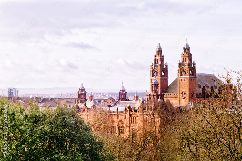 Kelvingrove Art Gallery and museum from University hill in the morning light