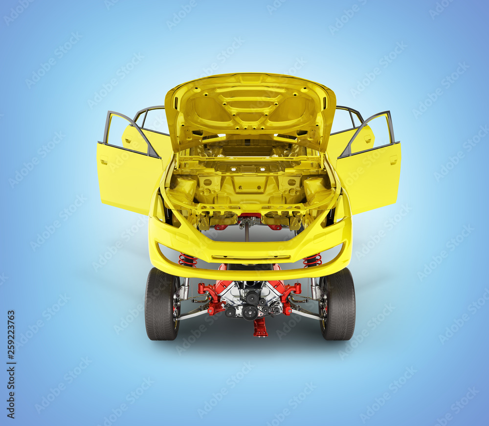 Body and suspension of the car with wheel and engine Undercarriage with bodycar in detail isolated on blue gradient background 3d