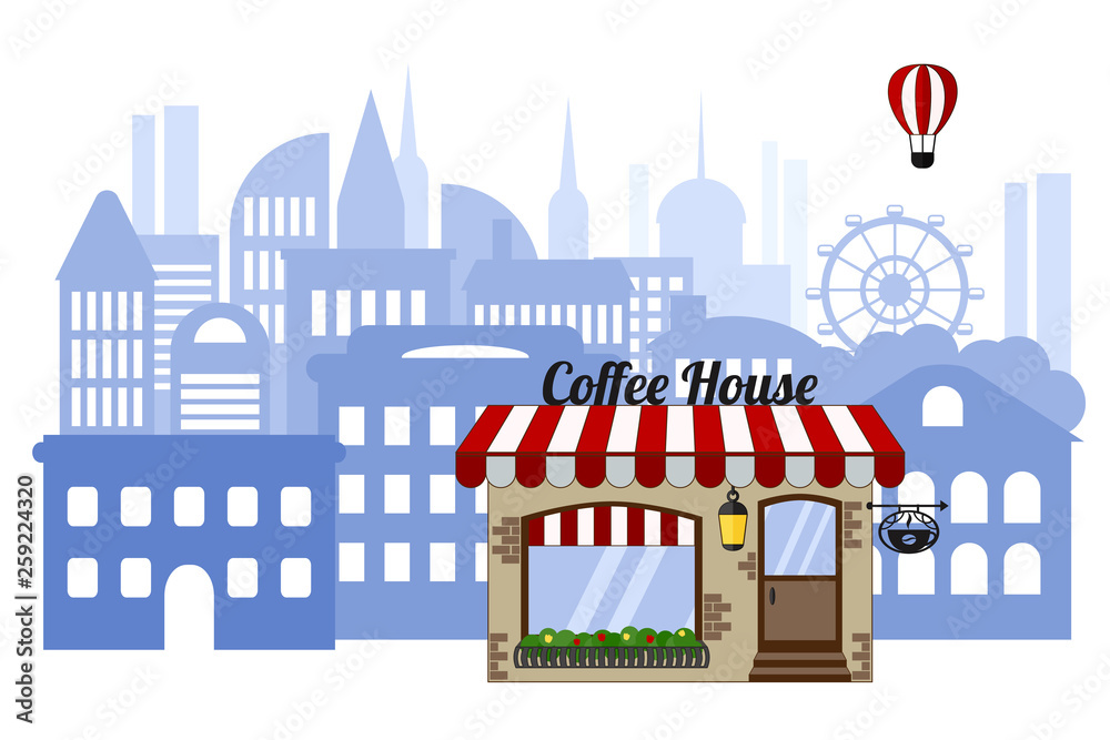 Naklejka premium Coffee shop on the background of the city. Cityscape with a balloon on a white background