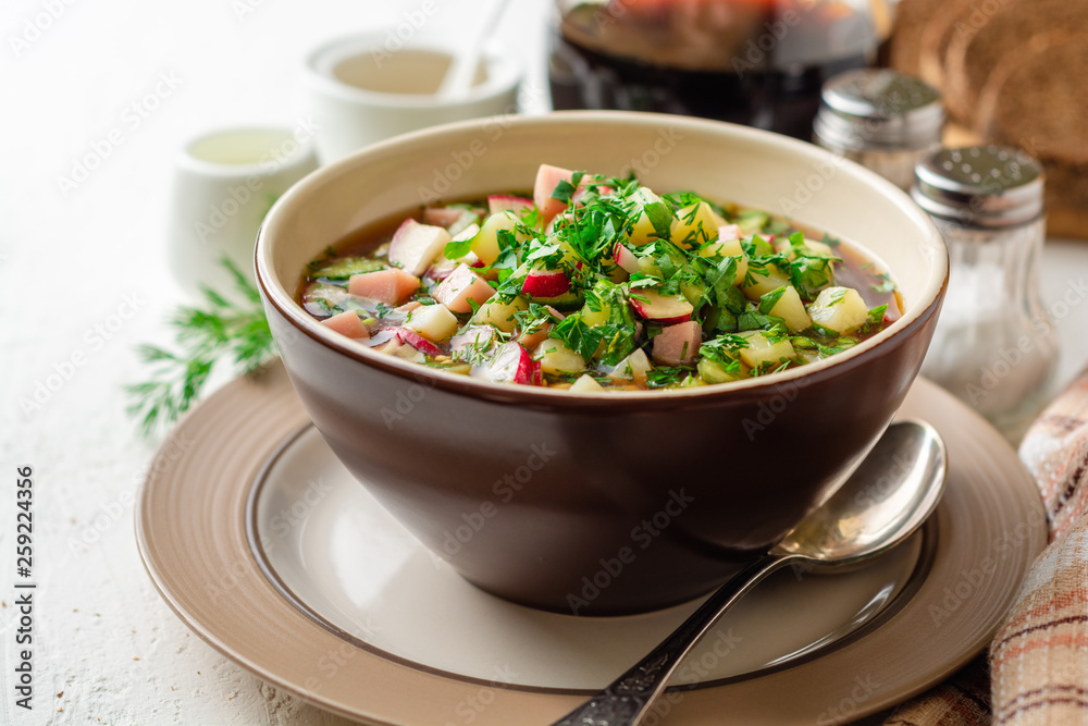 Traditional Russian summer cold soup okroshka with kvass in bowl on white concrete background. Selective focus. Traditional Russian summer cold soup okroshka with kvass in bowl on white concrete background. Selective focus.