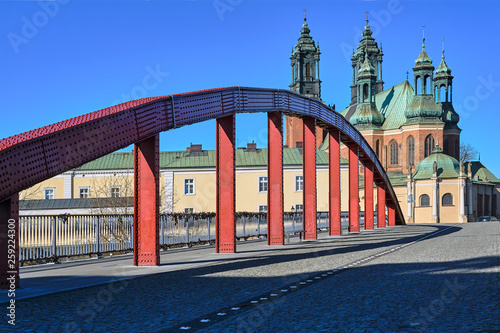 Steel structure of the bridge and towers of the Gothic cathedral in Poznan.