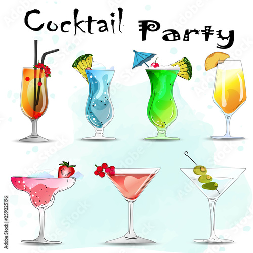 Vector illustration of Cocktail hand drawn, decorative icons set . Watercolor effects. Cocktail party