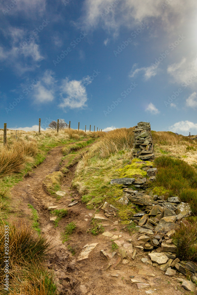 A view of a muddy trail path along a stone wall and green vegetation under a majestic blue sky and white clouds