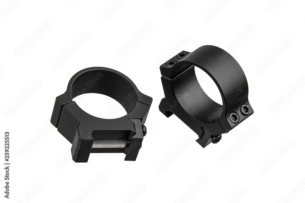Obraz premium Quick disconnect mount made for holding a scope on a rifle isolated on white back. Quick Release Sniper Cantilever Scope Mount.