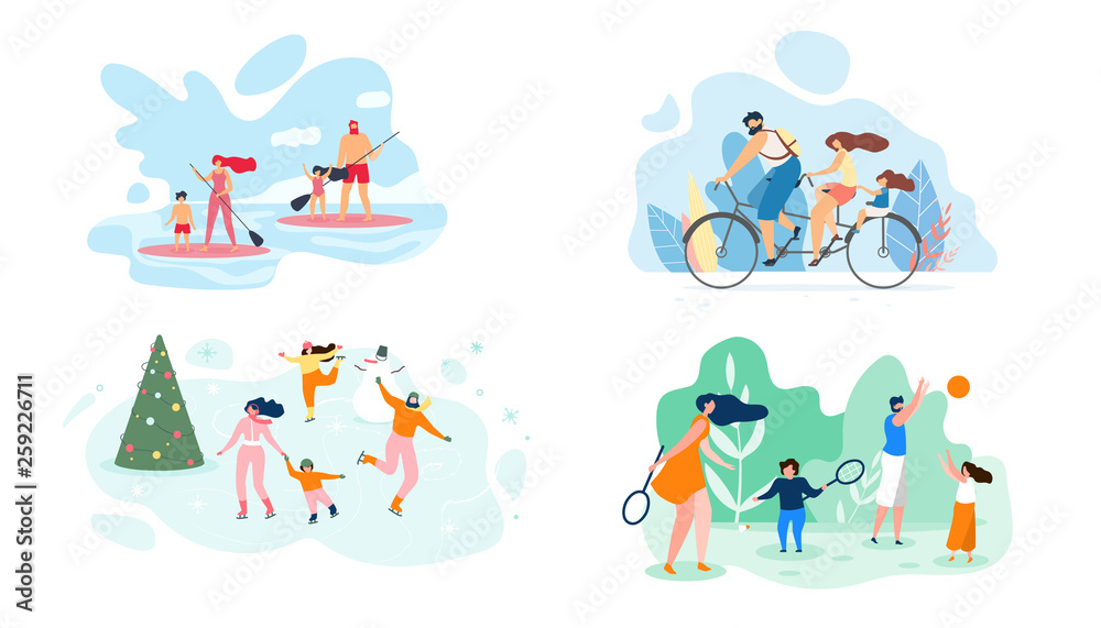 Fototapeta premium Summer Weekend on River Whole Family Vector Flat