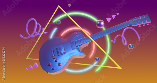 3D Render, retrowave art guitar photo